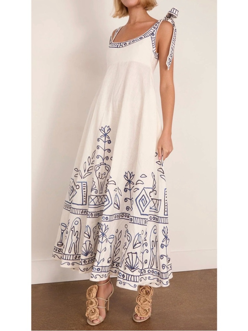 Alemais White Maxi Dress Skirt with Blue Border Motif
